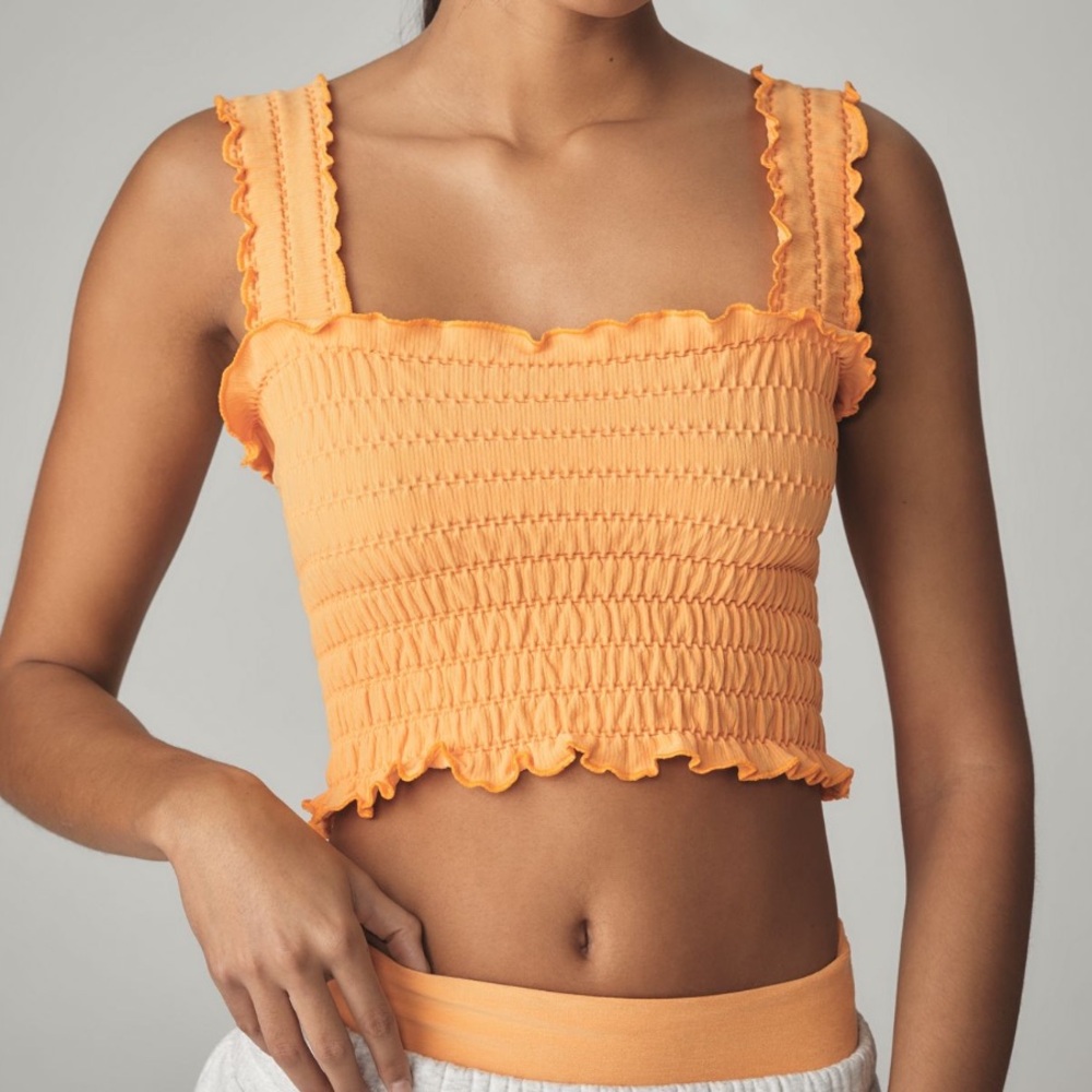 Anthropologie Seamless Smocked Square-Neck Tank Orange Size S/M